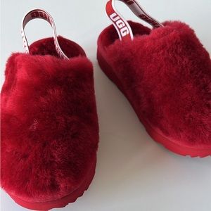 Red furry UGG slip on clog slippers with strap - size 8c